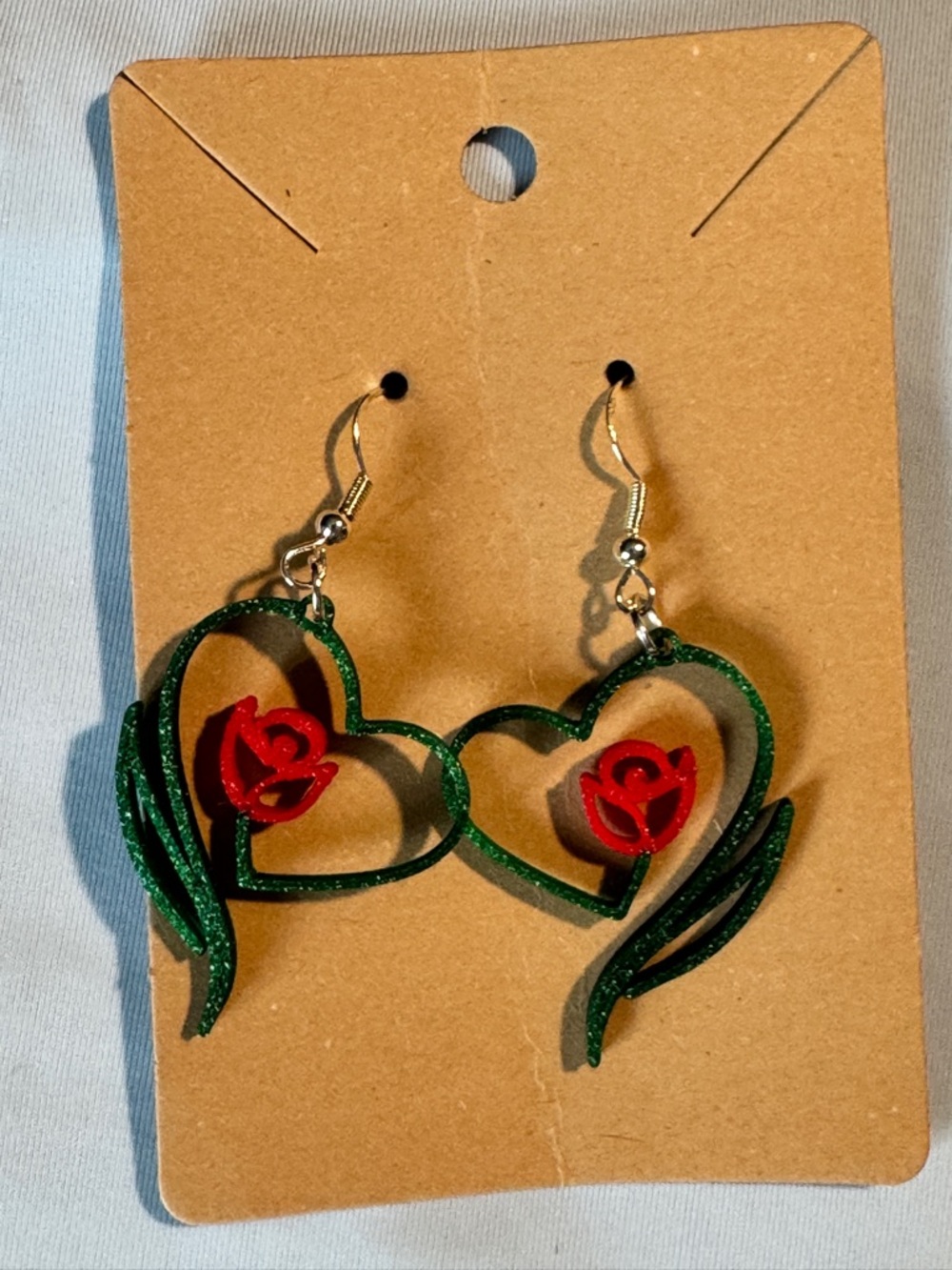 925 Sterling Silver Hooks, Heart & Rose Dangle Earrings, Handmade New